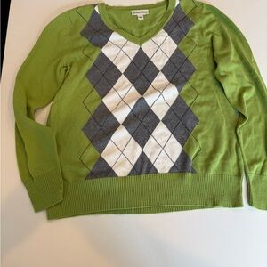 St. John's Bay Green and Gray Argyle V-Neck Sweater